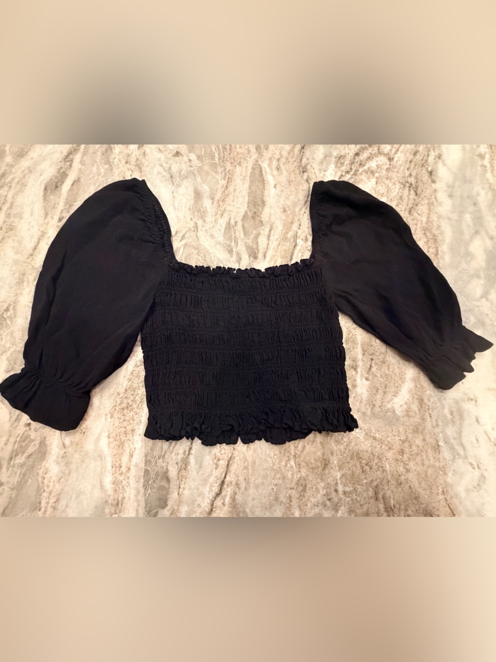 Forever 21 Black Smocked Puff Sleeve Crop Top Size Small